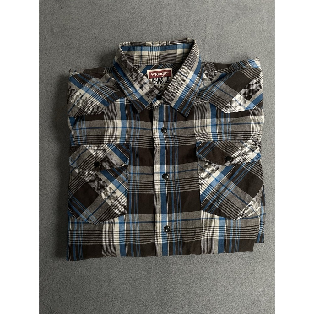 Vintage Wrangler Pearl Snap Shirt Mens Size Large Plaid Black Pearl Snap Western
